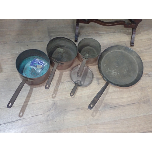 540 - Two mahogany Dressing Mirrors, three Copper Pans, a lid, a Frying Pan and a Warming Pan