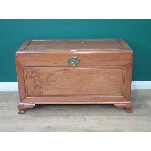 542 - An Eastern camphor wood Blanket Chest with carved bamboo designs, 2ft H x 3ft 6