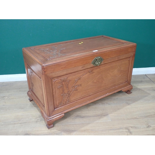 542 - An Eastern camphor wood Blanket Chest with carved bamboo designs, 2ft H x 3ft 6