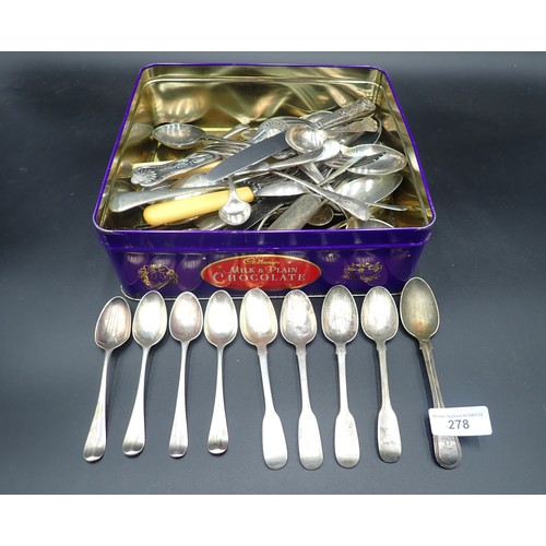 278 - Nine various silver Teaspoons and a tin of plated Cutlery