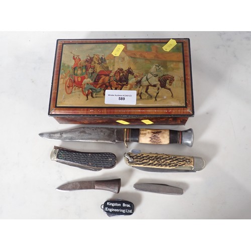 589 - A Tin containing a bone handled Knife, two bone handled Pocket Knives, and other Penknives