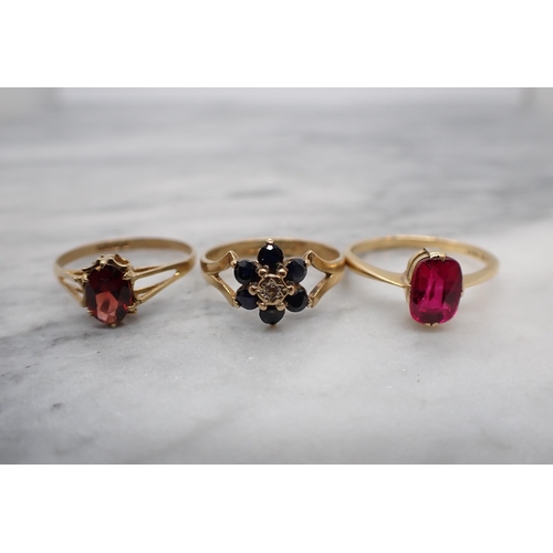 177 - Two 9ct gold Rings and one stamped 18ct set coloured stones, approx 5.50gms all in