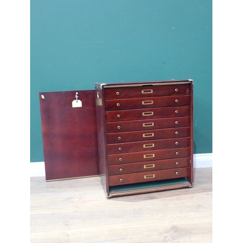 220 - A modern stained collectors Cabinet of nine drawers with brass mounts 25in h x 20in w x 11in d