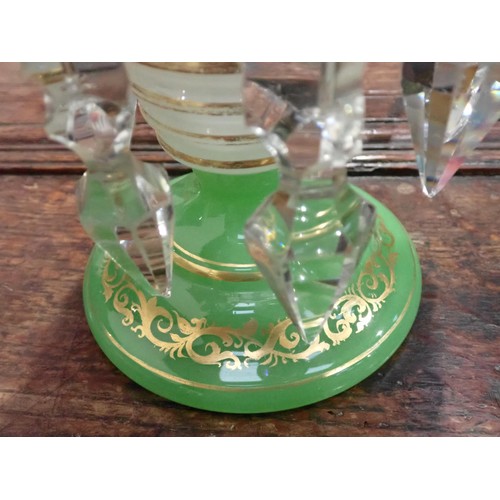 148 - A pair of Victorian green vaseline glass Table Lustres 10in H