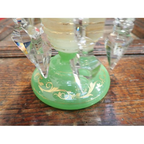 148 - A pair of Victorian green vaseline glass Table Lustres 10in H