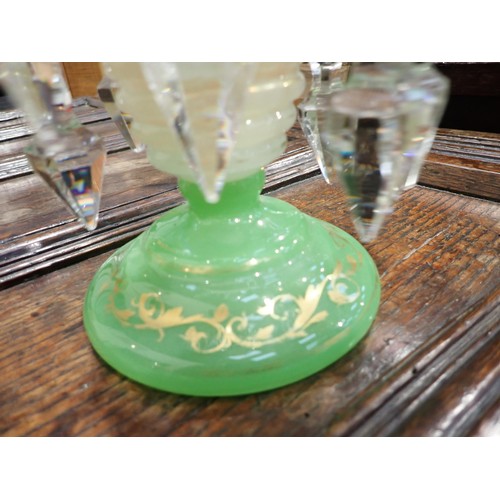 148 - A pair of Victorian green vaseline glass Table Lustres 10in H