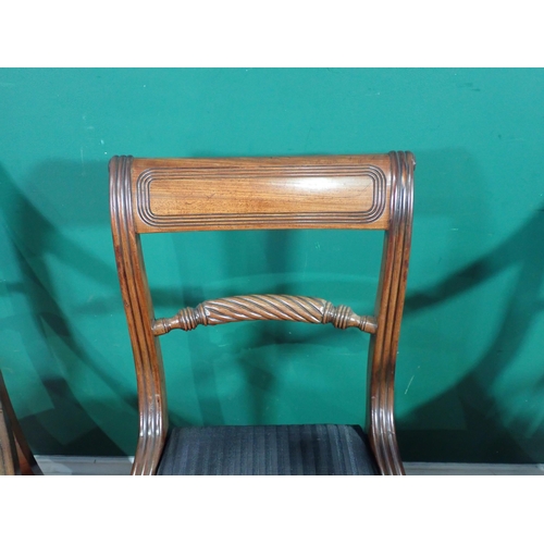 456 - A set of four Regency mahogany Dining Chairs with rope twist back, the carvers with scroll arms and ... 