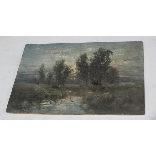 406 - GEORGE BOYLE. Tranquil river landscape with cattle watering, signed, oil on panel, unframed, 9½ x 14... 