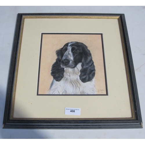 408 - J. ODDIE. Head of a Spaniel, signed, and dated 04, chalks and watercolour, 7½ x 6in