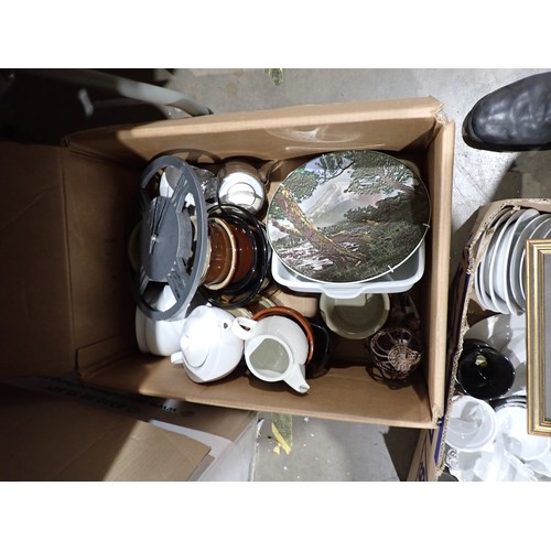 260 - Four boxes including Italian white china, Plates, Glassware, Games and an old Tin