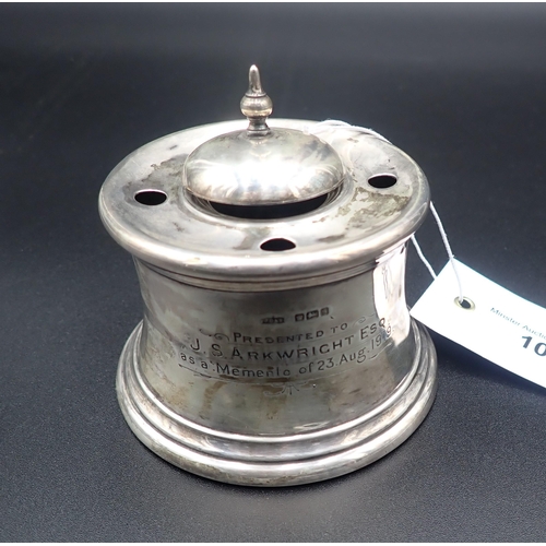 105 - A George V silver circular Capstan Inkwell with presentation inscription, Sheffield 1910