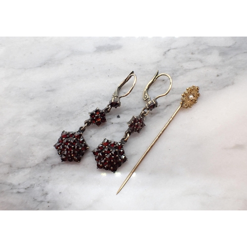 162 - A pair of vintage Garnet Ear Pendant each set two clusters of faceted stones and a Stick Pin set see... 