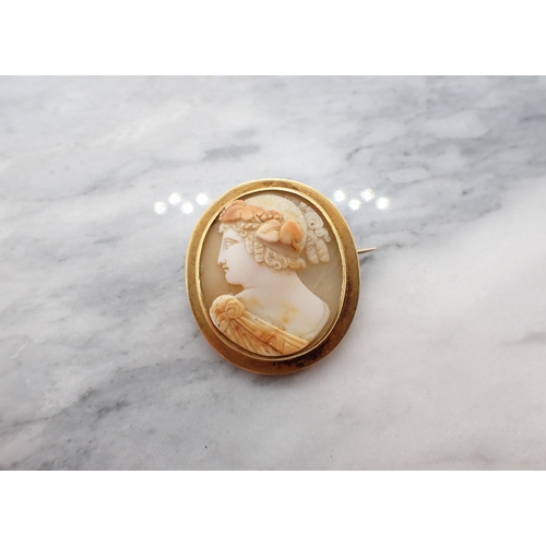 196 - A carved shell Cameo Brooch of bust in profile in simple frame marked 15ct, 30mm x 40mm, approx 7.50... 