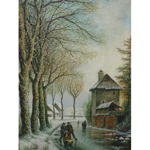 230 - LATE TWENTIETH CENTURY SCHOOL . Figures in winter landscape, mixed media on canvas; and two colour r... 