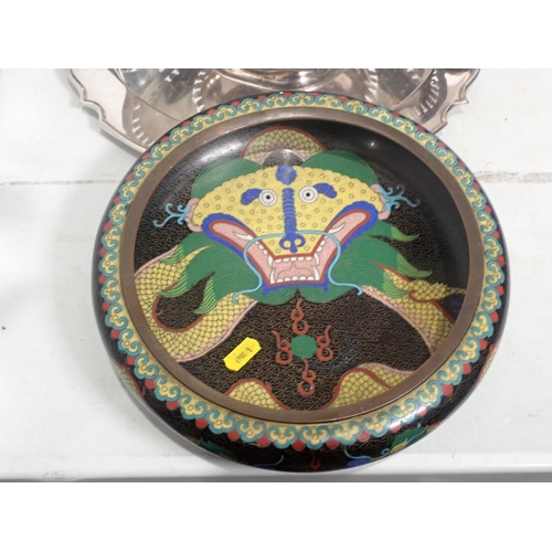 232 - A cloisonne Bowl and pair of Vases with dragon designs, a plated Basket and Tray, Meat Dishes and a ... 