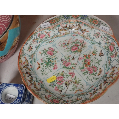 242 - A glass Ceiling Bowl, a Chinese Dish, damaged, a Figure, an Oriental lacquered Table Cabinet, a Came... 