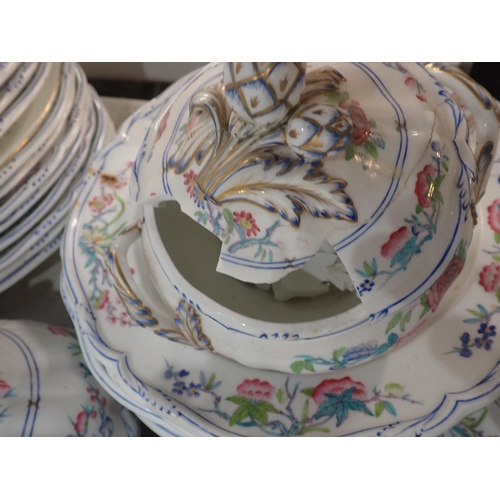 245 - A Felspar part Dinner Service including a turkey dish, covered tureen, dishes and plates, some worn ... 