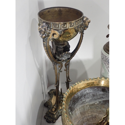 254 - A quantity of brassware including including a Lamp Base with Greek key frieze and cherub masks, and ... 