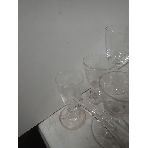 276 - Glassware including, two antique conical Wine Glasses, a cut glass Decanter, three engraved Liqueur ... 