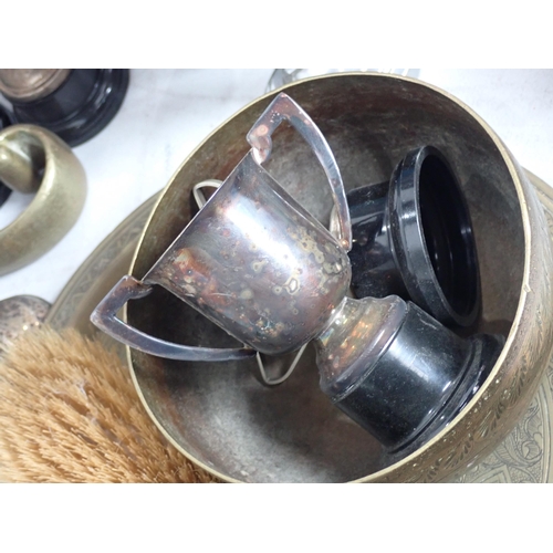 280 - Metalware including, two silver handled Brushes A/F, four Horn Beakers A/F, twelve small plated Trop... 