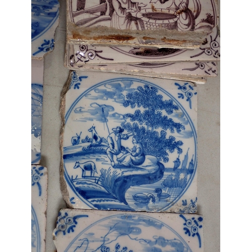 286 - A Box of Tiles including some Delft, decorated with country scenes and a quantity of diamond shaped ... 