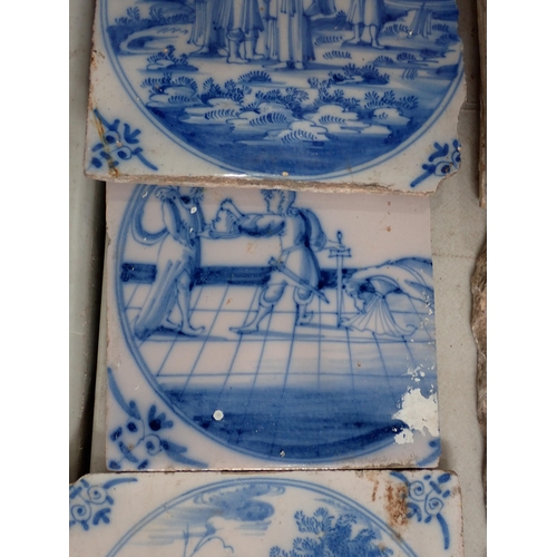 286 - A Box of Tiles including some Delft, decorated with country scenes and a quantity of diamond shaped ... 