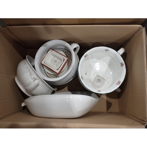 287 - Four Boxes of Ceramics and Glassware including, Chamber Pots, Candlesticks, Lampshades, Bowls, Plant... 