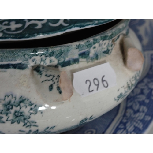 296 - Ceramics including, a large blue and white Bowl with country scene A/F, a green and white Tureen A/F... 