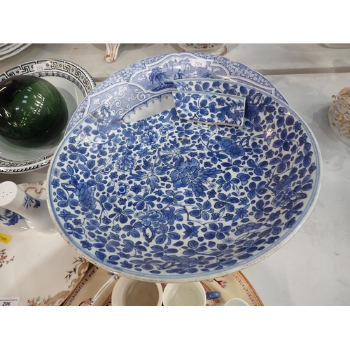 296 - Ceramics including, a large blue and white Bowl with country scene A/F, a green and white Tureen A/F... 