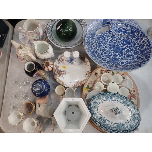 296 - Ceramics including, a large blue and white Bowl with country scene A/F, a green and white Tureen A/F... 