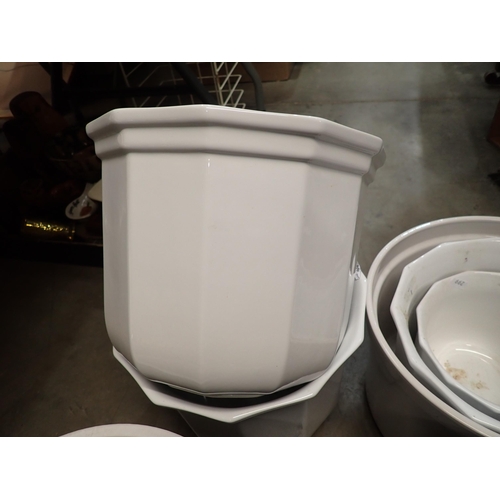 299 - Six large white china Planters, a white Vase, a brown indoor Planter, etc.