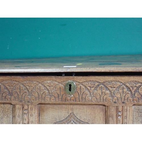 305 - A 17th Century and later oak Coffer with carved three panel front 3ft 9in W x 2ft 1in H