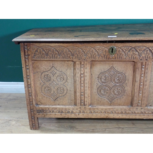 305 - A 17th Century and later oak Coffer with carved three panel front 3ft 9in W x 2ft 1in H