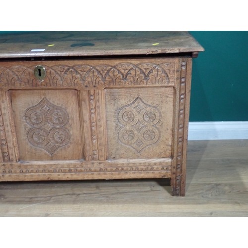 305 - A 17th Century and later oak Coffer with carved three panel front 3ft 9in W x 2ft 1in H