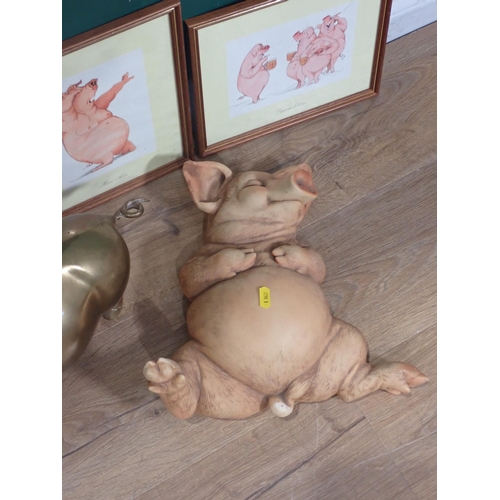 31 - A brass Piggy Bank, a figure of a reclining Pig and four humorous Pig Prints