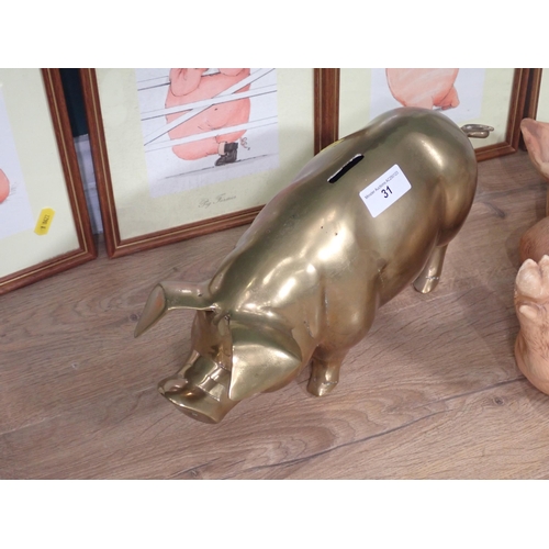 31 - A brass Piggy Bank, a figure of a reclining Pig and four humorous Pig Prints