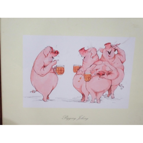 31 - A brass Piggy Bank, a figure of a reclining Pig and four humorous Pig Prints