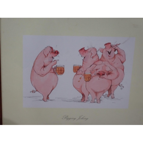 31 - A brass Piggy Bank, a figure of a reclining Pig and four humorous Pig Prints