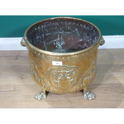 328 - A 19th Century copper Log Bin with lion mask handles mounted on three paw feet 1ft 5in D x 1ft 3in H