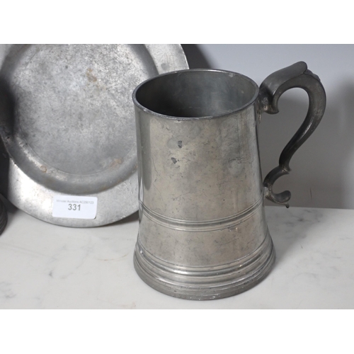 331 - Two 19th Century pewter Tankards with glass bottoms a Plate