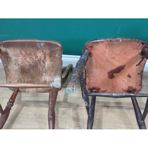 333 - Two antique elm Oxford type Kitchen Chairs and a child's rush seated Chair, woodworm