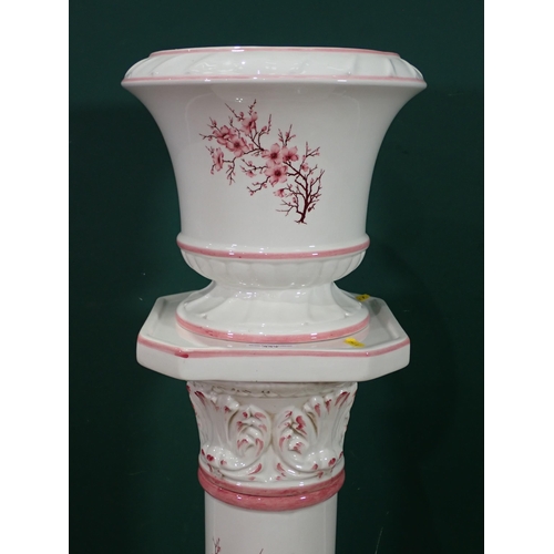 337 - A white and pink china Jardinière and Stand decorated with flowers and birds, 3ft 3