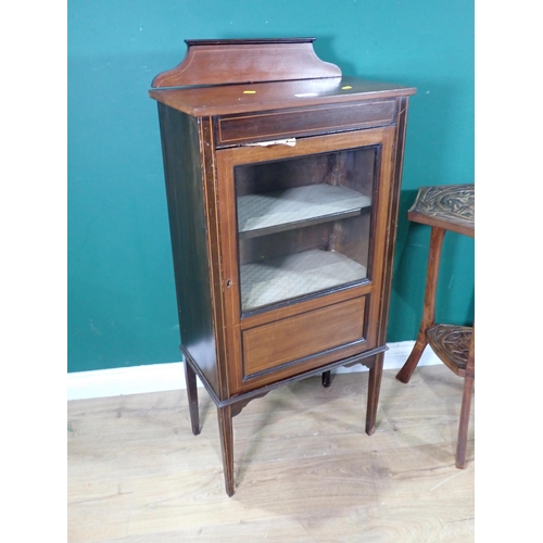 347 - An Edwardian mahogany and satinwood strung Display Cabinet, a carved Occasional Table and a framed P... 