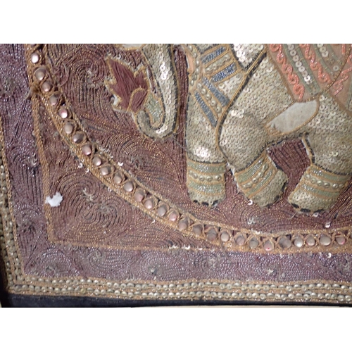 355 - An antique Indian relief Embroidery of an elephant 19in x 19in and a 'Red Cross or Iron Cross' Poste... 