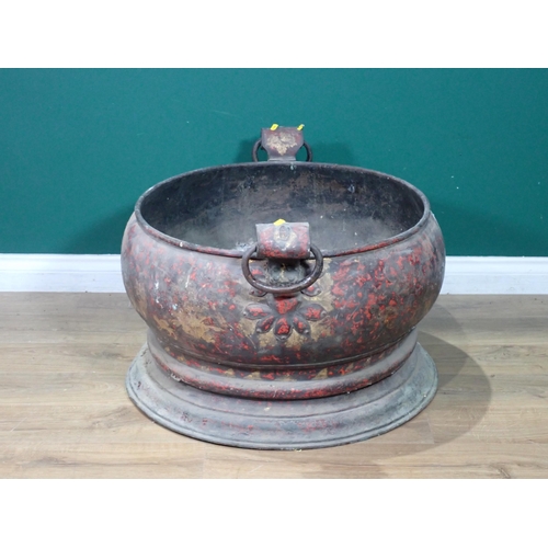 357 - A 19th Century Chinese metal Log Bin with ring handles and painted Chinese pagoda design 3ft 2in W x... 