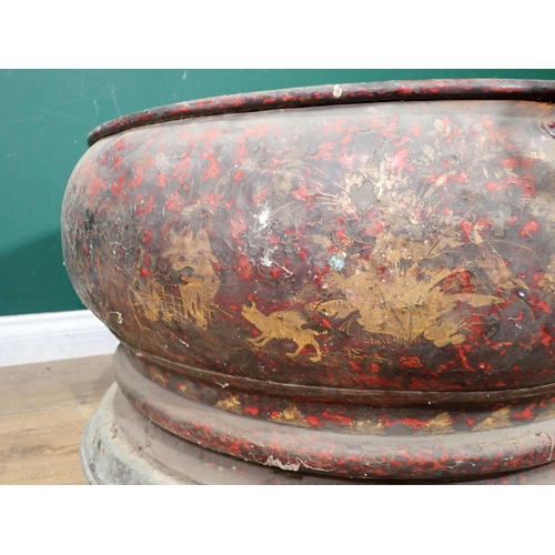 357 - A 19th Century Chinese metal Log Bin with ring handles and painted Chinese pagoda design 3ft 2in W x... 