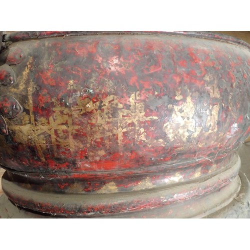 357 - A 19th Century Chinese metal Log Bin with ring handles and painted Chinese pagoda design 3ft 2in W x... 