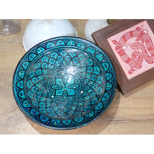 358 - A large green glazed pottery Dish, a framed Tile, Oil Lamp Components, Decanter, Table Lamps,, glass... 