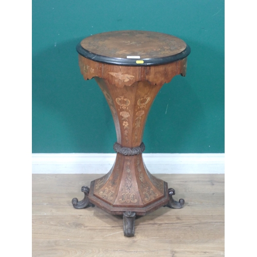 36 - A 19th Century rosewood and marquetry inlaid circular trumpet Sewing Table on four scroll supports 2... 