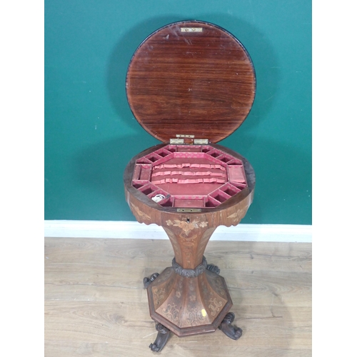 36 - A 19th Century rosewood and marquetry inlaid circular trumpet Sewing Table on four scroll supports 2... 